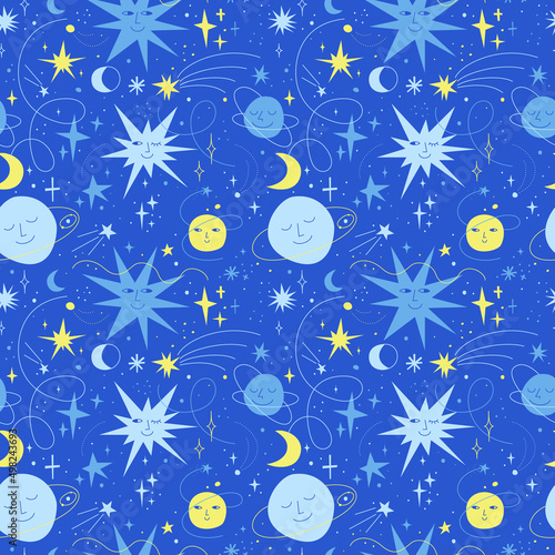 Seamless funny cosmic pattern in trendy doodle style