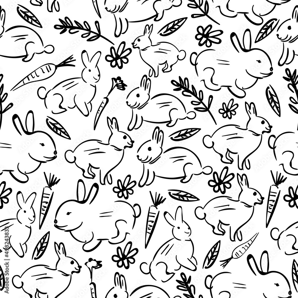 One continuous single line of rabbit carrot and plant seamless pattern isolated on white background. One continuous single line of rabbit carrot and plant seamless pattern isolated on white background.