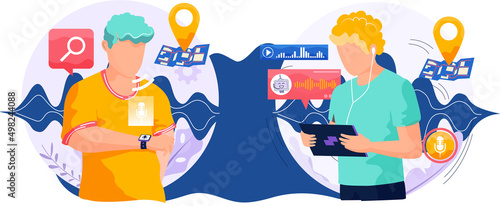 Voice assistant. Smart speaker virtual assistant, sound robot, people using voice controlled smart speaker. Voice activate digital assistant identification control contactless mobile device microphone