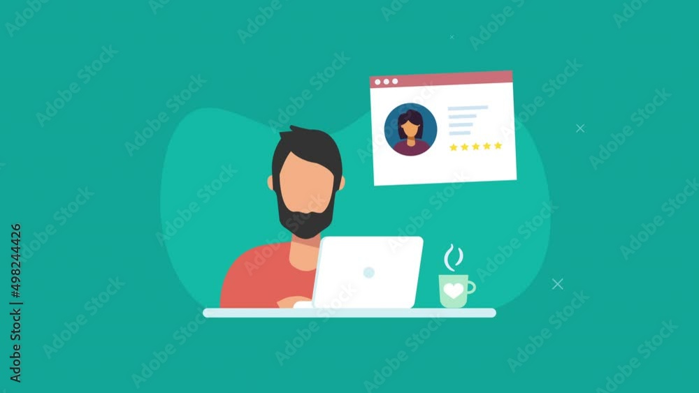 Customer profile analysis animation concept.freelancer man on computer. turquoise background Customer profile analysis animation concept.freelancer man on computer. turquoise background