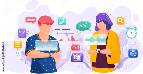 Voice assistant. Smart speaker virtual assistant, sound robot, people using voice controlled smart speaker. Voice activate digital assistant identification control contactless mobile device microphone