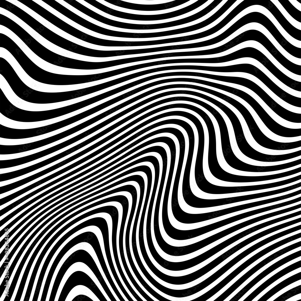 Abstract pattern of wavy stripes or rippled 3D relief black and white lines background. Vector twisted curved stripe modern trendy Abstract pattern of wavy stripes or rippled 3D relief black and white lines background. Vector twisted curved stripe modern trendy
