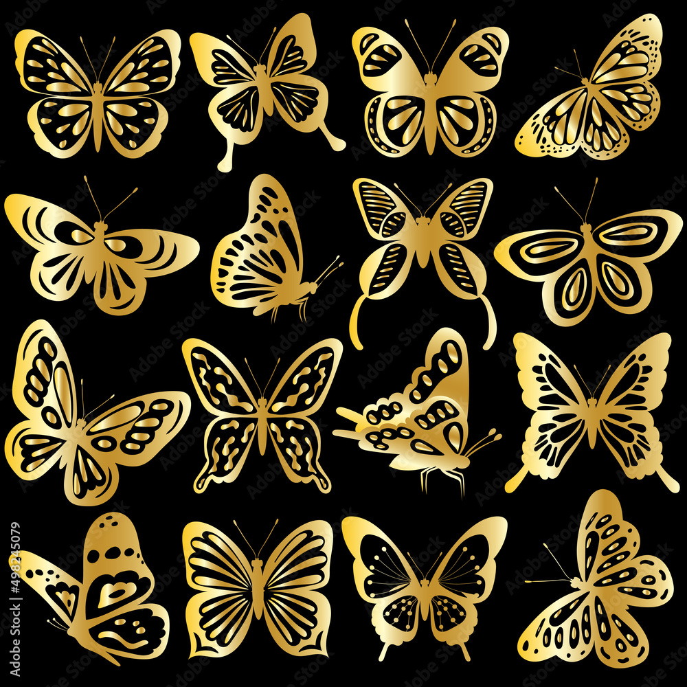 golden butterflies set silhouette, isolated on white background vector