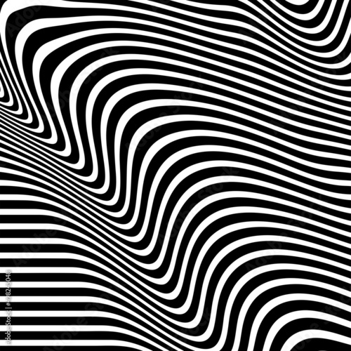 Diagonal curved wavy lines pattern. Vector seamless texture with black and white waves, stripes. Dynamical 3D effect, illusion of movement. Modern abstract monochrome background. Stylish repeat design