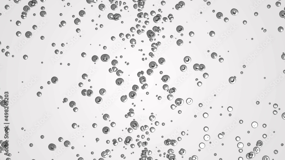Abstract white background with dots. Design shimmer oil droplets. Texture liquid metal, iron. Plexus silver circle, spheres. Collision particles. Poster medicine, technology, science, business.