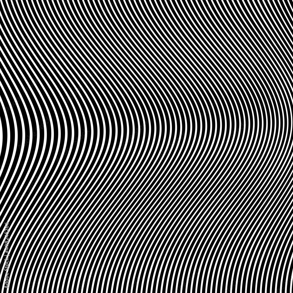 Diagonal curved wavy lines pattern. Vector seamless texture with black and white waves, stripes. Dynamical 3D effect, illusion of movement. Modern abstract monochrome background. Stylish repeat design Diagonal curved wavy lines pattern. Vector seamless texture with black and white waves, stripes. Dynamical 3D effect, illusion of movement. Modern abstract monochrome background. Stylish repeat design