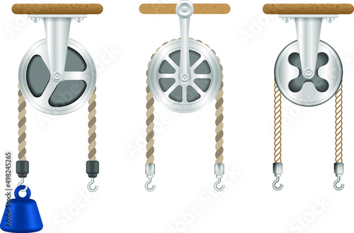 Pulley types. Science, physics force experiment. Force applied by weight attached to the rope. Hook weight.