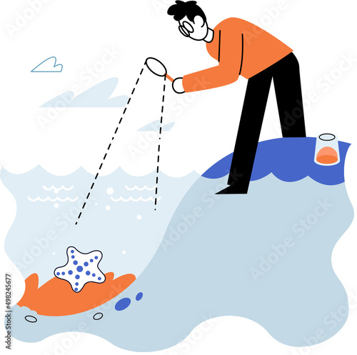 Laboratory assistant conducts experiments with water life, studies environment and its inhabitants. Ecological researcher analyzing test data from pond or river. Scientist holding magnifying glass