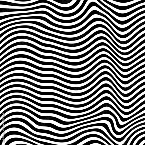 Abstract pattern of wavy stripes or rippled 3D relief black and white lines background. Vector twisted curved stripe modern trendy.3D visual effect, illusion of movement, curvature. Pop art design. 