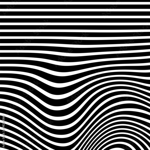 Abstract pattern of wavy stripes or rippled 3D relief black and white lines background. Vector twisted curved stripe modern trendy.3D visual effect, illusion of movement, curvature. Pop art design. © vandana