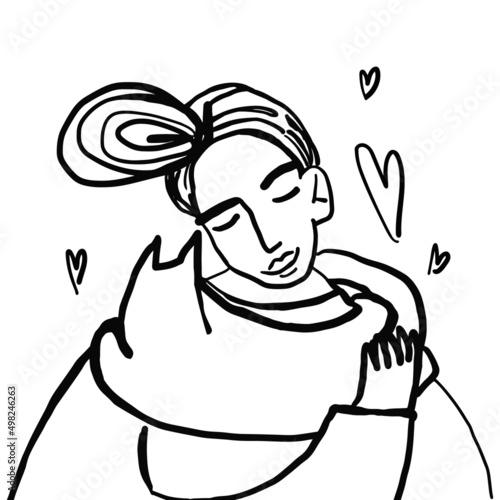 The cat hugging his owner. The girl gently hugs a cat. Line art, sketch vector illustration of a cat lover and her pet. 
