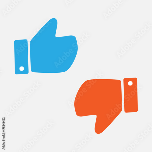 Thumb up and thumb down, like and unlike icon with blue and red color isolated flat design.
