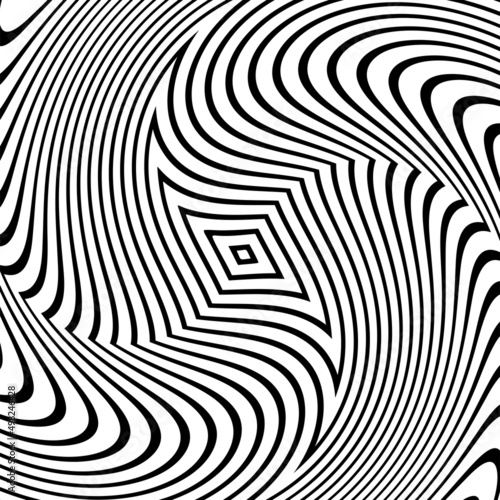 Abstract pattern of wavy stripes or rippled 3D relief black and white lines background. Vector twisted curved stripe modern trendy.3D visual effect, illusion of movement, curvature. Pop art design. 