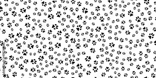 Pet footprints horizontal seamless pattern. Animal print. Black prints of tracks of a cat, dog on a white background. Pet paw print silhouettes. Nice texture. Vector