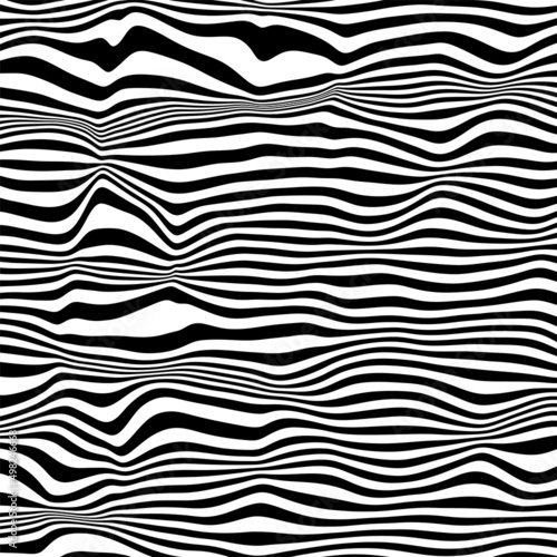 Line art optical art. Psychedelic background. Monochrome background. Optical illusion style. Black dark background. Modern pattern. Abstract graphic texture. Graphic ornament. Vector template