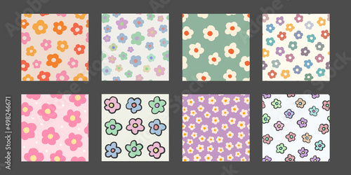 Set of Groovy Flower Seamless Pattern. Cool Y2K Floral Background. Retro Blossom Funky Backdrop Vector Illustration.