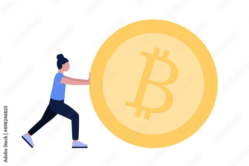 Character pushing a large crypto coin Character pushing a large crypto coin