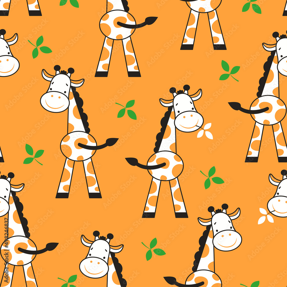 Seamless pattern with a cute funny giraffe. Back view. Vector drawing in the cartoon style