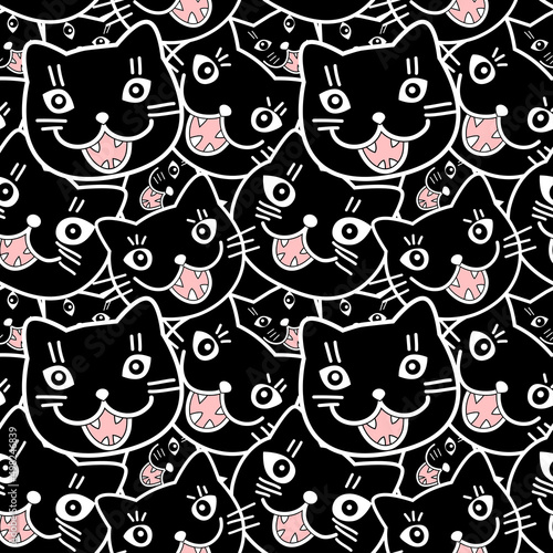 .Black funny meowing cats. Vector seamless pattern. Cartoon style.