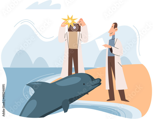 Zoologist study animals in their natural habitat. Scientist exploring and investigating fauna. Tameless animal protection, expedition to wild nature. Professional zoo activist photographing dolphin