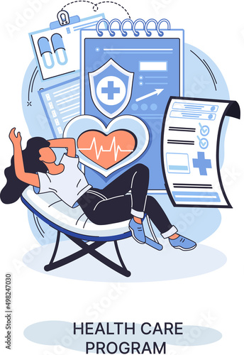 Health care program metaphor, online medical services, protection medicine. Medical insurance, hospital services, preventive check up, sick leave certificate treatment diagnosis patients, telemedicine