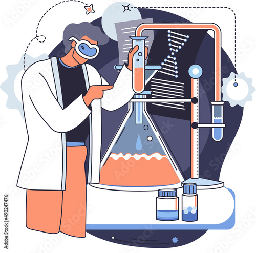 Chemical laboratory research. Vaccine discovery concept. Scientist with flasks, microscope and medical research equipment working on antiviral treatment development. Doctor studying fluid samples
