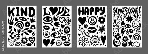 Groovy Funny Posters Collection. Set of Acid Hand Drawn Shapes Vector Design.