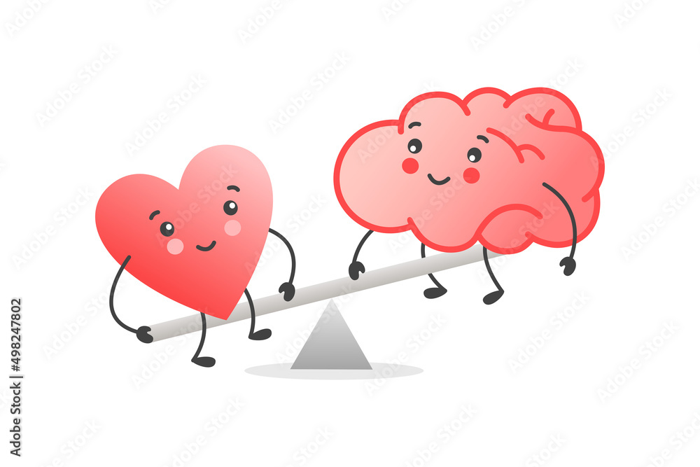Balance between cute heart and brain on scale. Mind and feeling harmony сoncept. Vector illustration in flat style for banner, poster, card Balance between cute heart and brain on scale. Mind and feeling harmony сoncept. Vector illustration in flat style for banner, poster, card