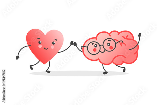 Balance between cute heart and brain on scale. Mind and feeling harmony сoncept. Vector illustration in flat style for banner, poster, card