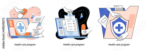 Health care program metaphor, online medical services, protection medicine. Medical insurance, hospital services, preventive check up, sick leave certificate treatment diagnosis patients, telemedicine