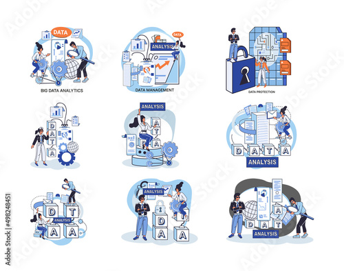 Big data analytics platform, data management and protection creative metaphor set abstract concept. Data center room disk infrastructure business information safety. Technology Internet and network