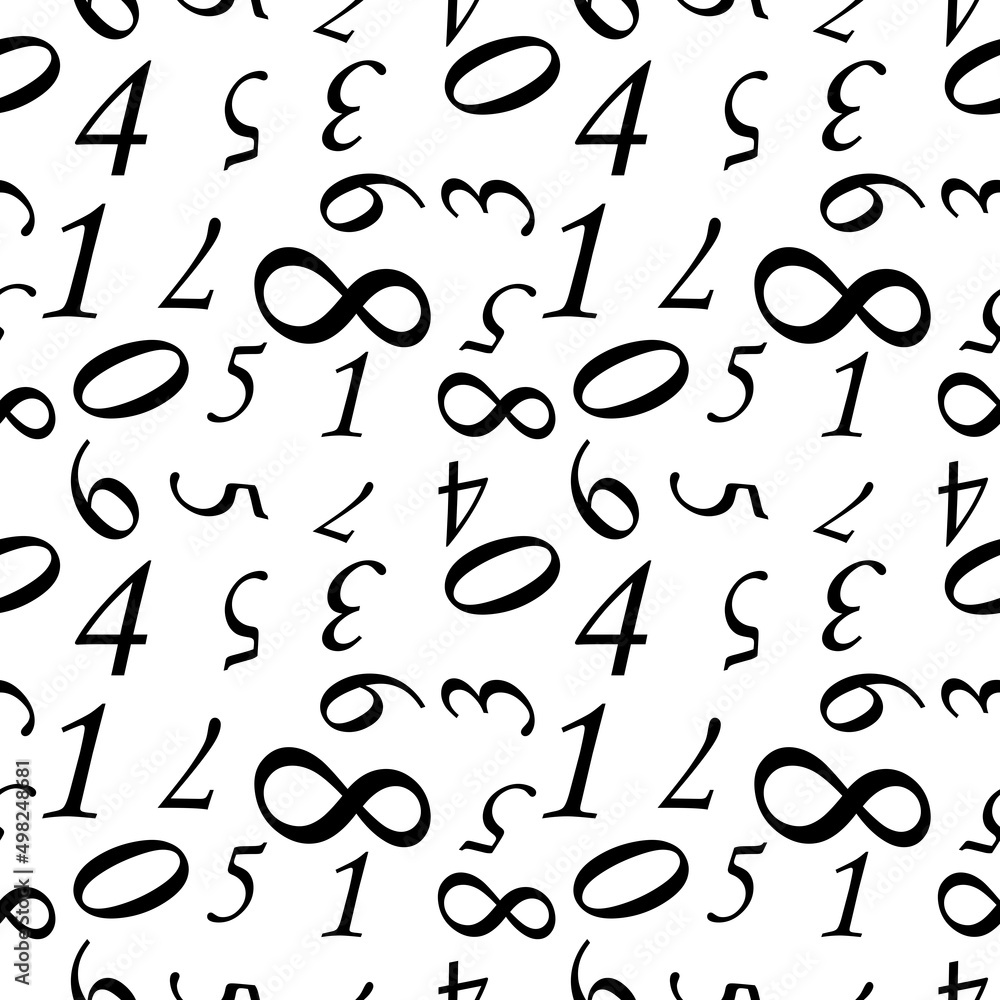 Abstract Black Seamless numbers. Numerical letters of the alphabet in random order on a white. Abstract vector design seamless pattern illustration. Newspaper style wallpaper or backdrop.