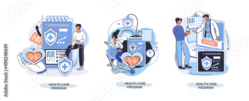 Health care program metaphor, online medical services, protection medicine. Medical insurance, hospital services, preventive check up, sick leave certificate treatment diagnosis patients, telemedicine