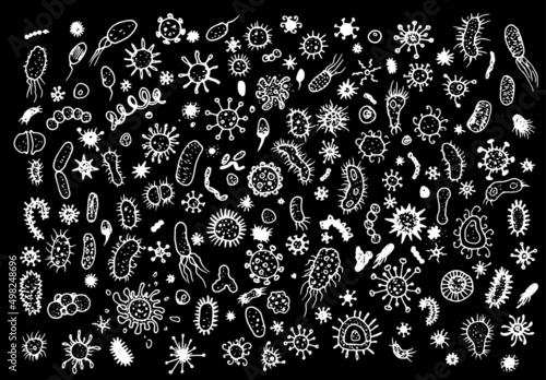 a set of icons of viruses and bacteria of different shapes. Bacteria and microbes, pathogenic microorganisms,