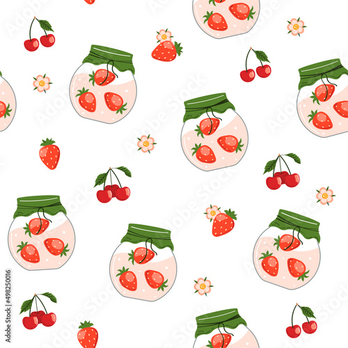 Seamless summer pattern with fresh strawberries, cherries and jam on a white background. Vector flat illustration. The print is well suited for textiles, wallpapers and packaging