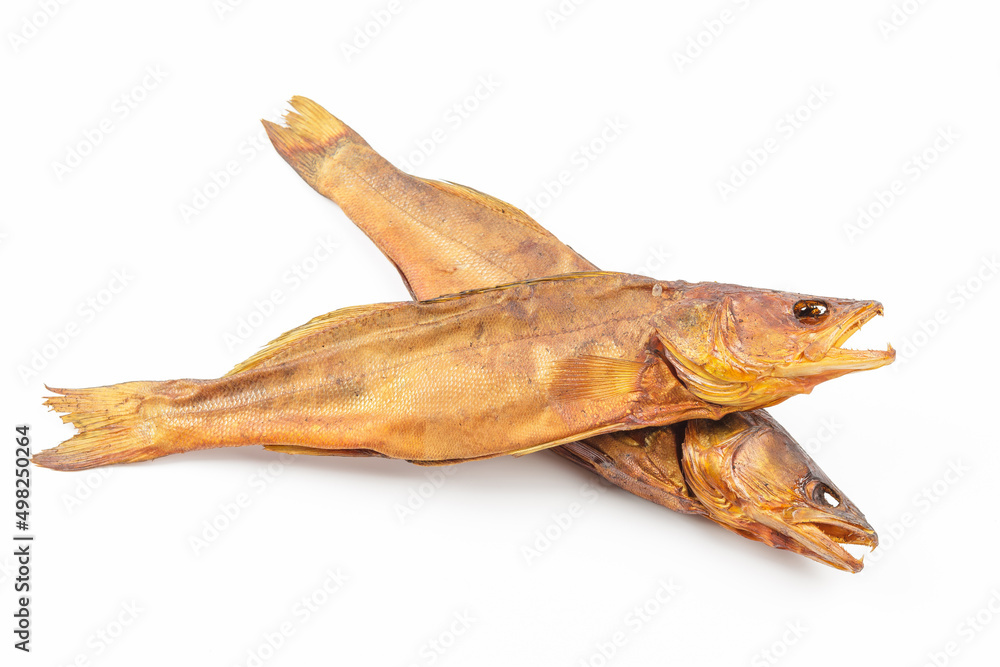 Smoked fish isolated on white background. Pike perch, River fish. Top view Smoked fish isolated on white background. Pike perch, River fish. Top view