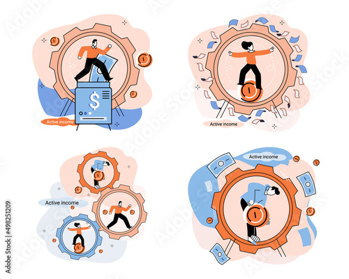 Active income obtained in course of certain activity using your knowledge and skills, getting paid for work. Works, earns salary. Idea of financial growth, business development, wages. Activity growth
