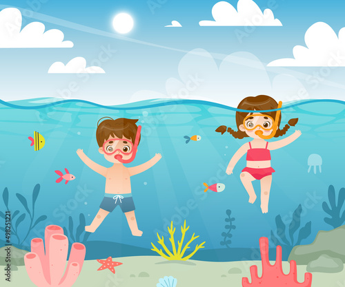 Cute children diving in the tropical sea. Cartoon kids snorkeling underwater. Adorable diver babies.