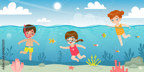 Cartoon kids diving in the summer sea. Happy children snorkeling on the coral reef. Adorable swimming babies.