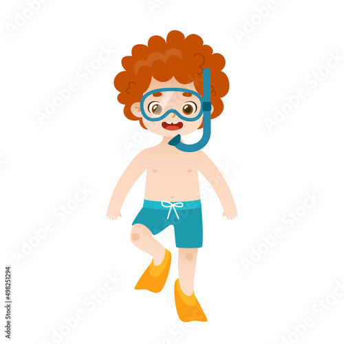 Cartoon kid diver. Cute red hair baby boy in snorkeling equipment. Happy child in beachwear.