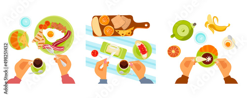 Top view on different breakfast dishes.