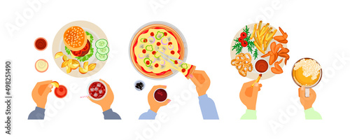 Top view on different fastfood dishes.