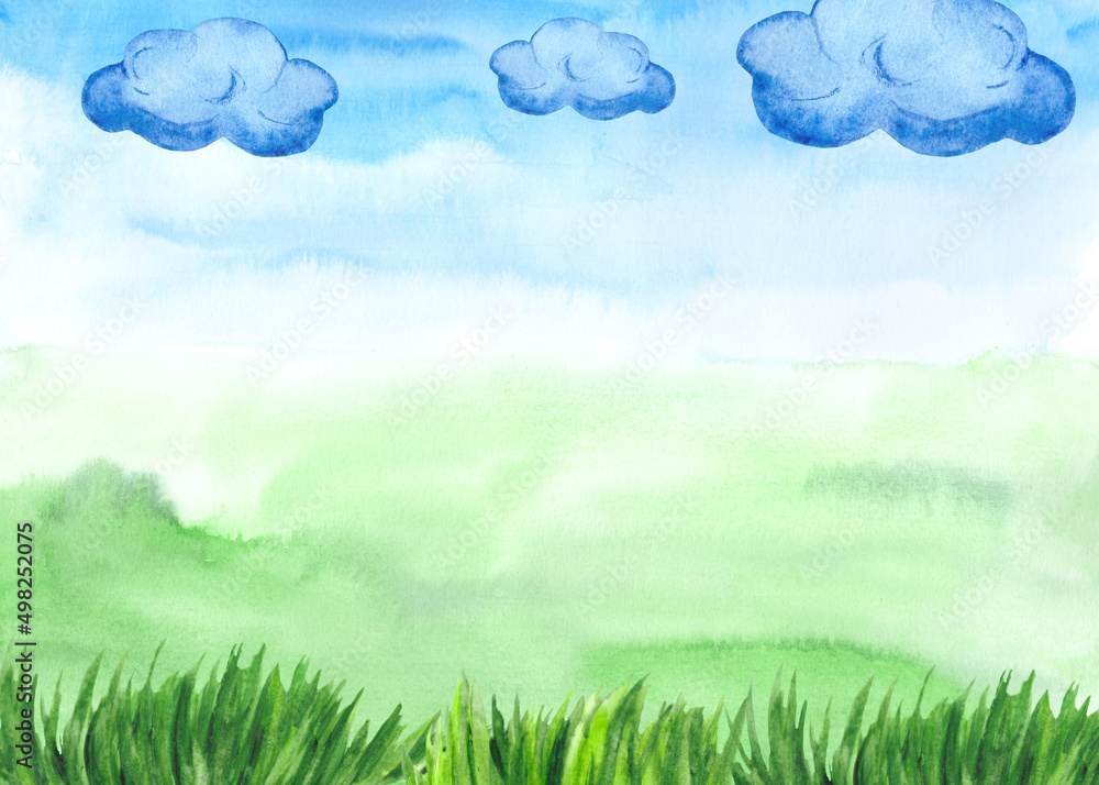 Watercolor drawing of a green meadow and a blue sky. Colorful illustration for postcards, banners and posters. Watercolor drawing of a green meadow and a blue sky. Colorful illustration for postcards, banners and posters.