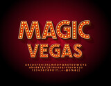 Vector luxury poster Magic Vegas. Light bulb Font. Retro style Alphabet Letters, Numbers and Symbols with Lamps