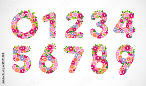 Floral numbers collection. Creative decotative pink coloured digits. Isolated abstract graphic design template. Simple style. Set of spring and summer digits from 0 to 9 with vector mask. Decor idea.