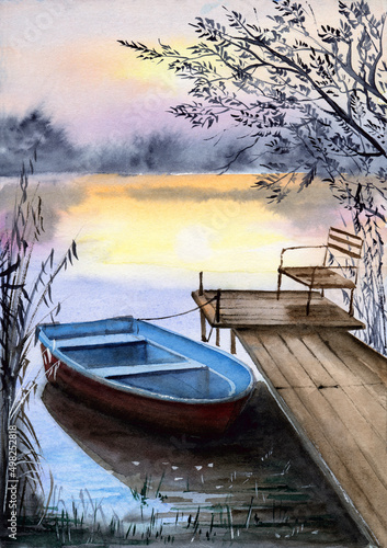 Watercolor illustration of a blue fishing boat near a wooden jetty on a lake, with reeds on the left and trees on the right