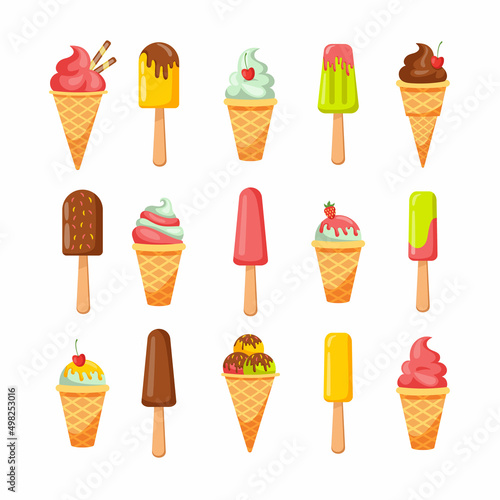 Ice cream. Cartoon summer milk ice cream. Vector isolated fun milk candy with chocolate, strawberry and yogurt