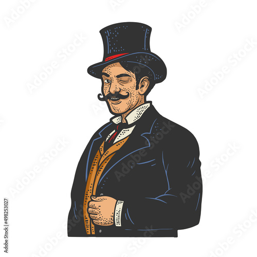 Gentleman winking old fashioned color sketch engraving vector illustration. T-shirt apparel print design. Scratch board imitation. Black and white hand drawn image.