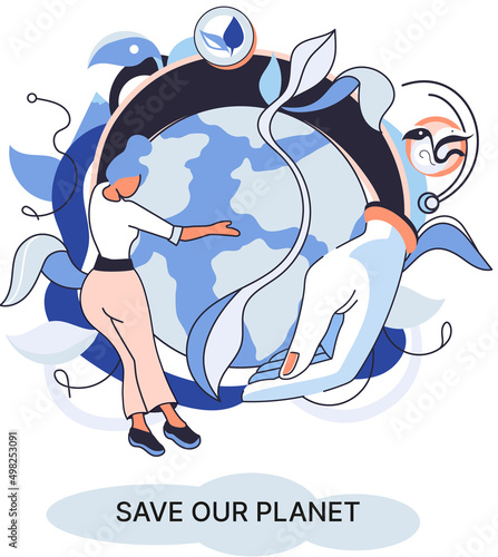 Save our planet ecological metaphor Earth day, love for native home. Sustainable gardening renewable energy. Caring for nature protecting environment stop air and water pollution, rational consumption