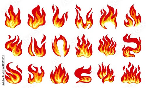 Cartoon fire. Fire power element, spreading flames and hot symbol, flame red logo. Vector isolated set